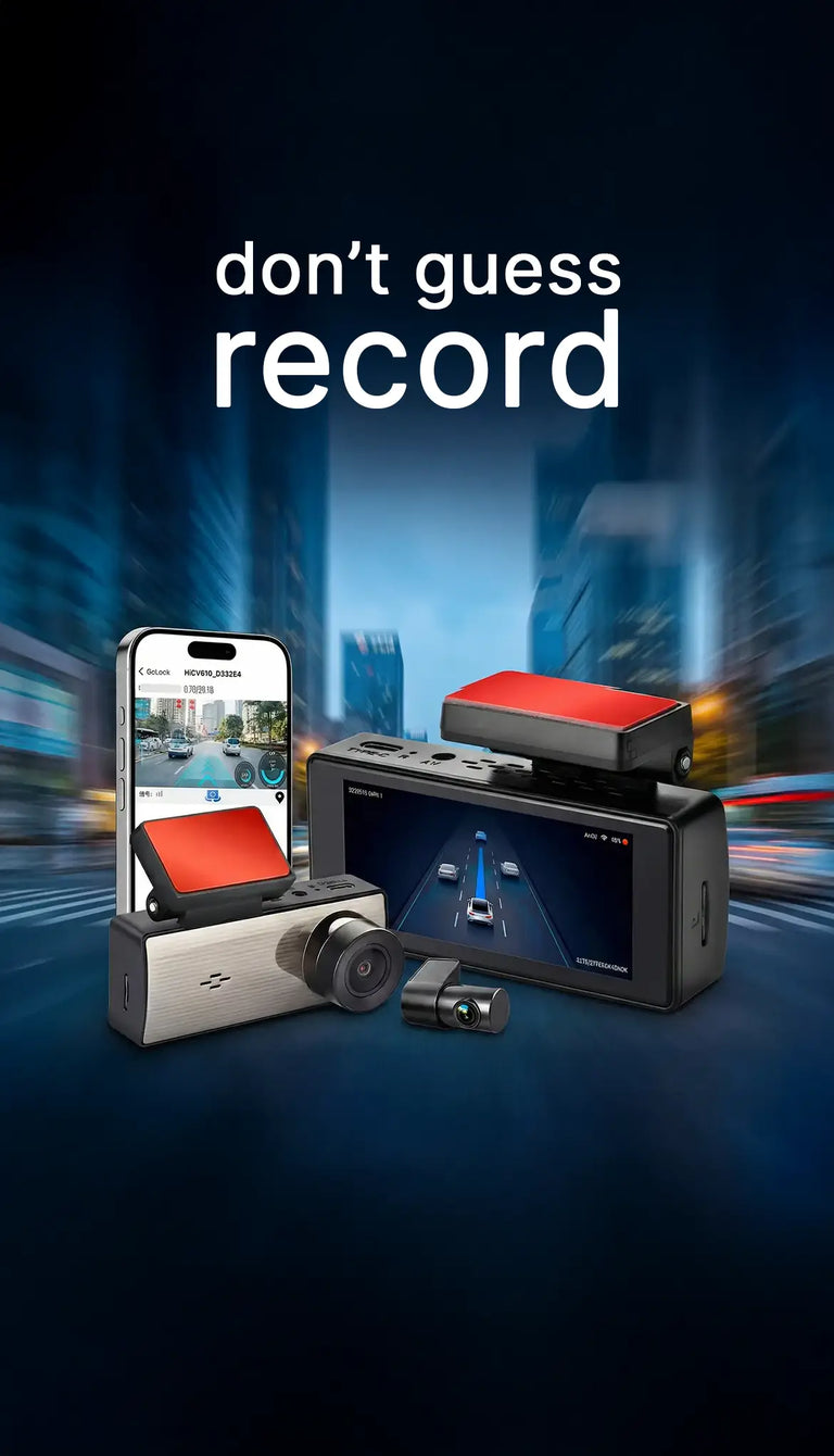 Car dashboard camera system with smartphone app interface on a dark background