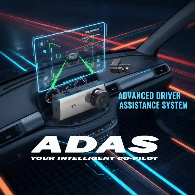 Car dashboard with Advanced Driver Assistance System (ADAS) display and text.