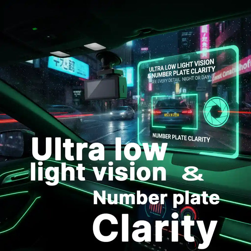 Car interior with digital display highlighting ultra low light vision and number plate clarity features.