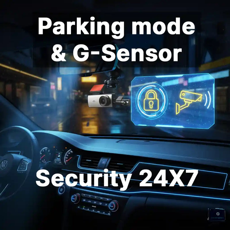 Car interior with a focus on security features including a camera and G-sensor, with text indicating parking mode, G-sensor, and 24/7 security.