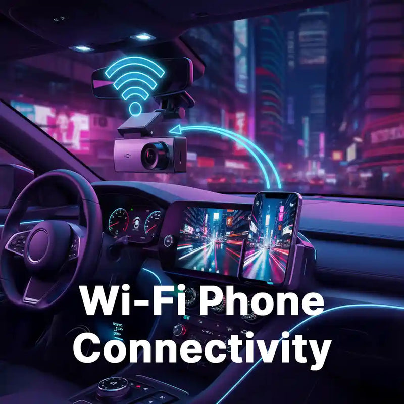 Car interior with Wi-Fi phone connectivity features, including a dashboard camera and smartphone holder.