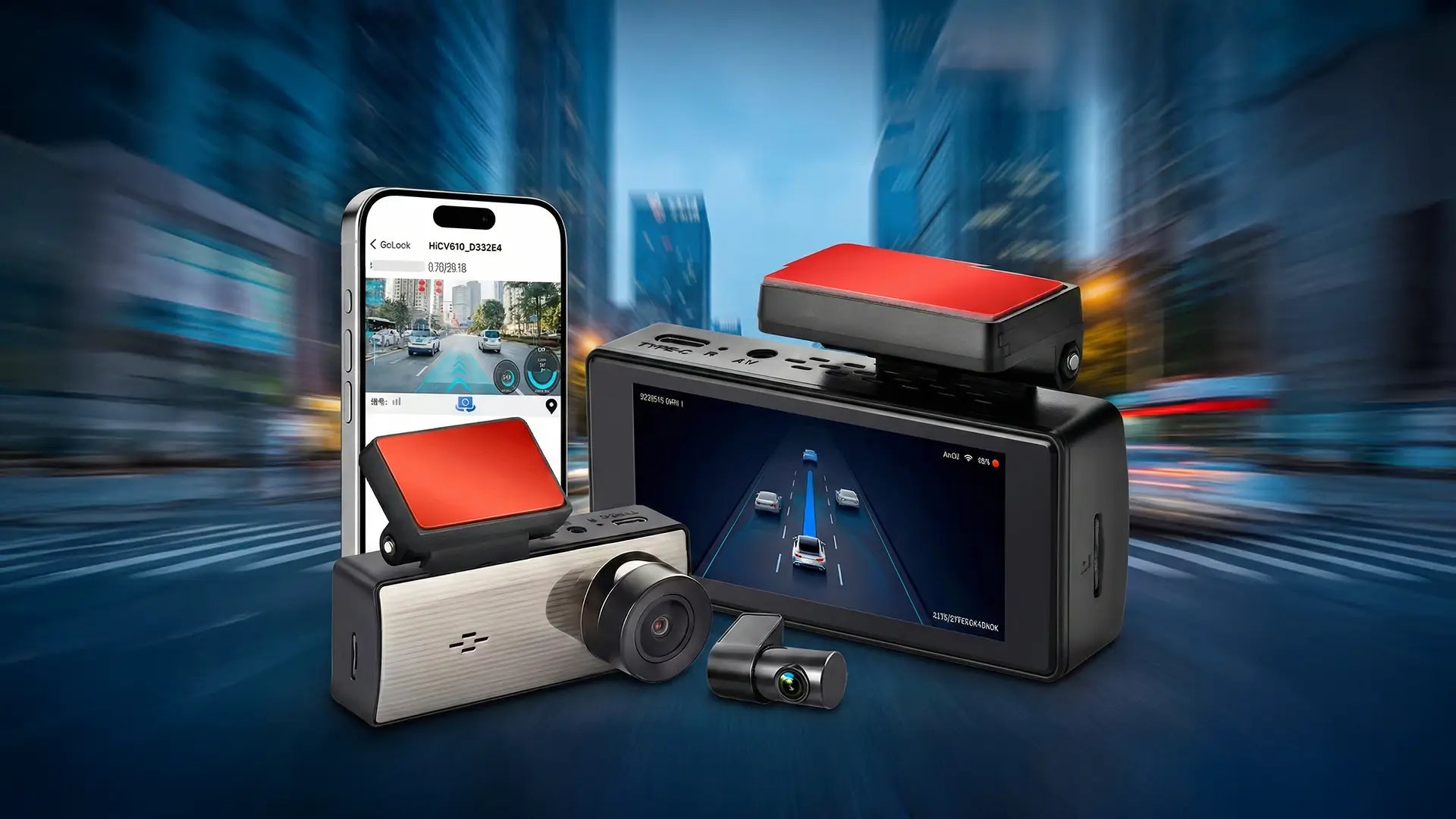 Car dashboard with a radar detector, smartphone, and camera with a cityscape background